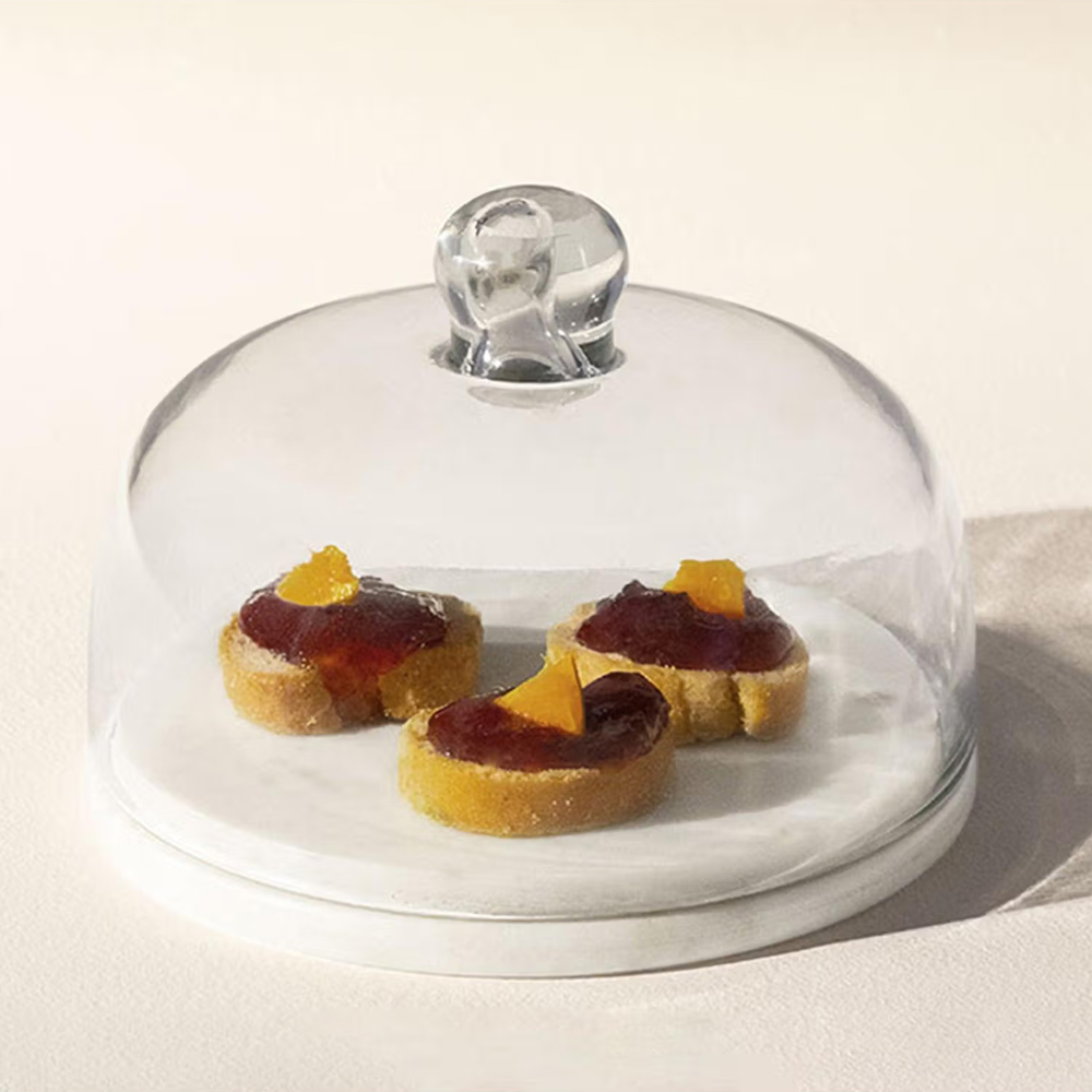 Ellementry Baker's Glass Cloche Dome with White Marble Base