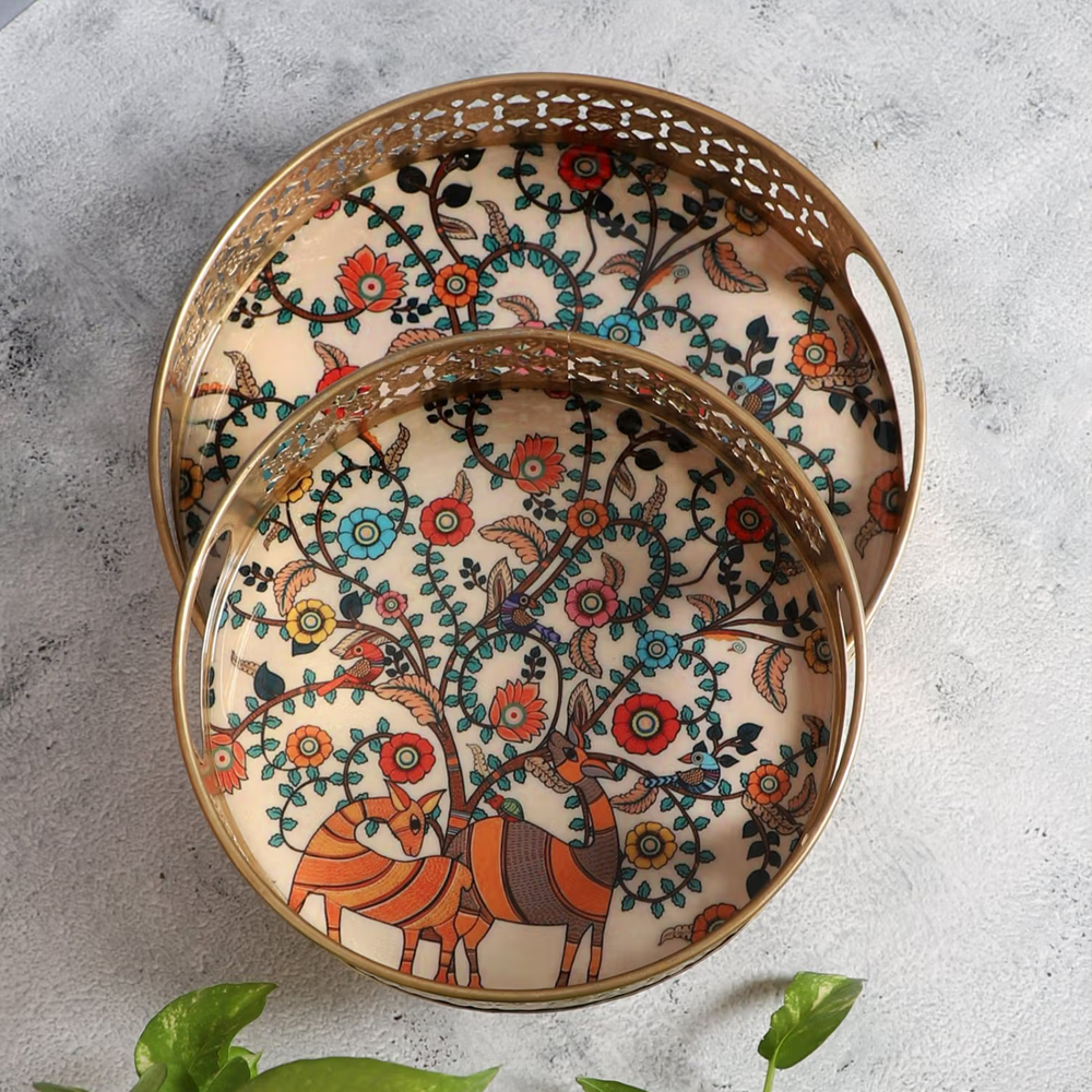 Amaya Decors White Peacock Pichwai Tray (Set of 2)