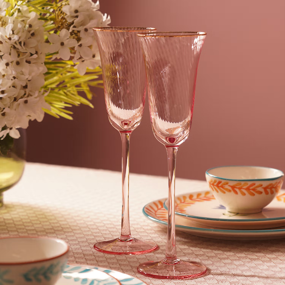 Pure Home + Living Set of 2 Pink Spiral Textured Champagne Flutes
