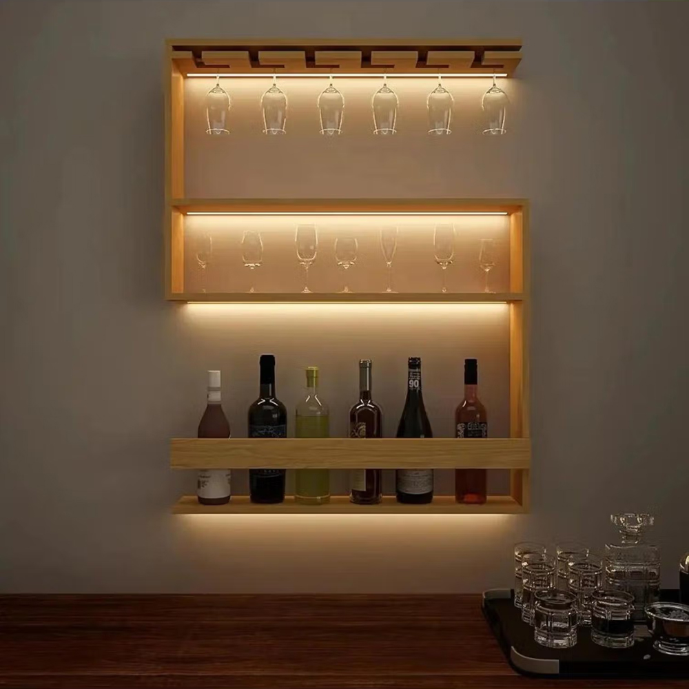 Dekorstation Modern Backlit Wooden Bar Wall Shelf / Mini Bar Cabinet in Light Oak Finish
