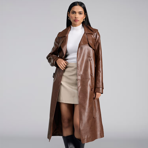 RSVP by Nykaa Fashion Brown Faux Leather Longline Overcoat with Belt