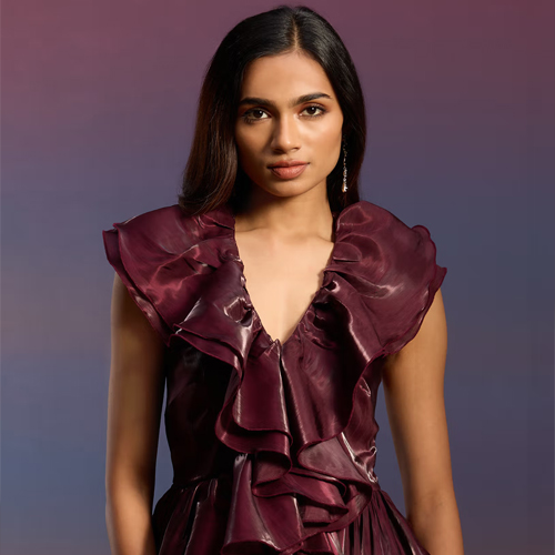 RSVP by Nykaa Fashion Wine Solid V Neck Sleeveless Ruffled Peplum Top