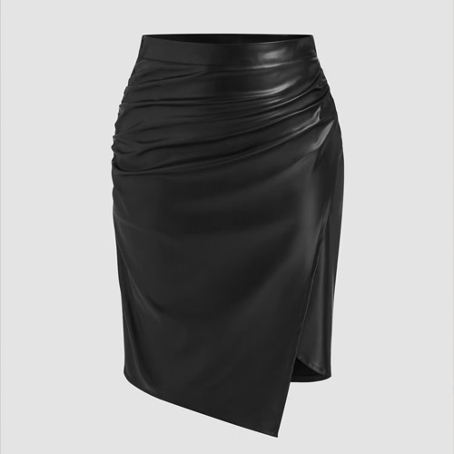 Cider Faux Leather Mid Rise Ruched Split Midi Skirt Curve & Plus