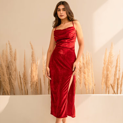 The Clothing Factory Red Velvet Cowl Neck Dress