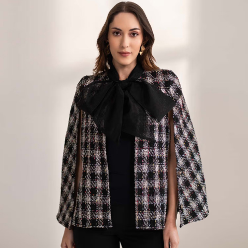 Aksh India Ginny Bow Tweed Cape - Black
