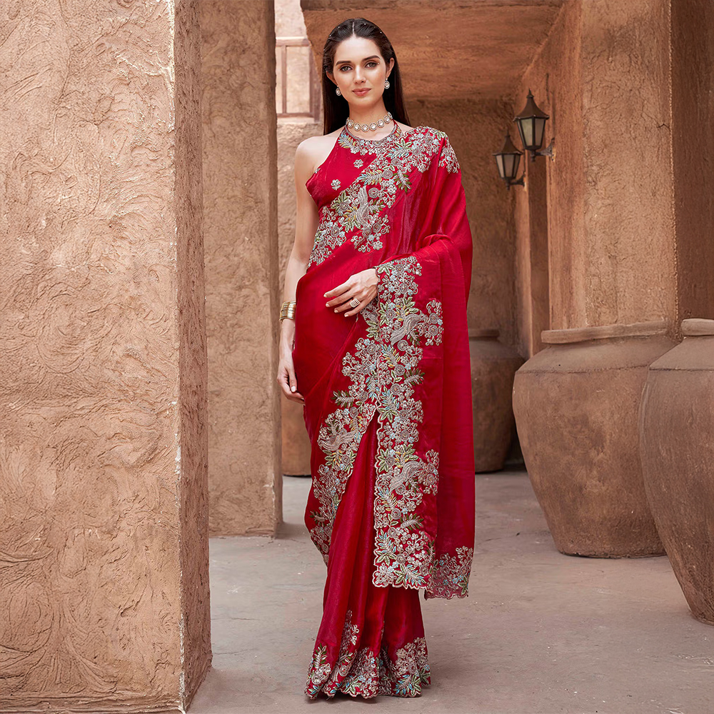 Red Designer Jimmy Choo With Sequined Embroidery Border Saree With Unstitched Blouse