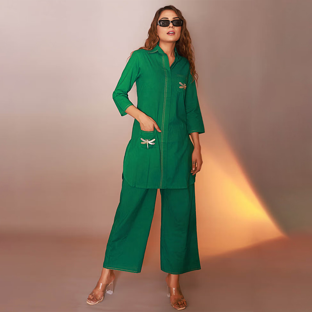 Green Cotton Collar Neck Tunic with Pant (Set of 2)