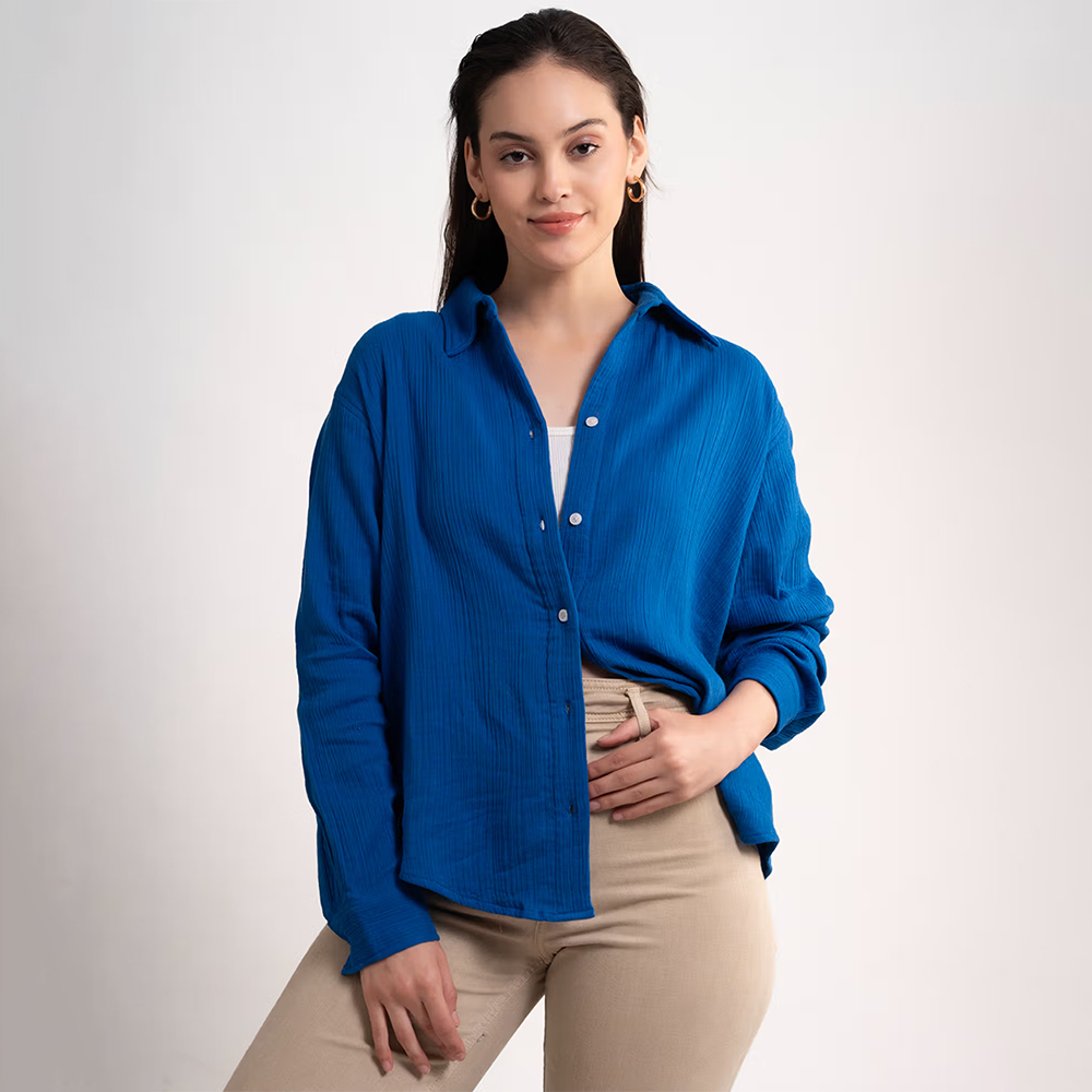 Women Wrinked Cotton Shirt Blue (S)
