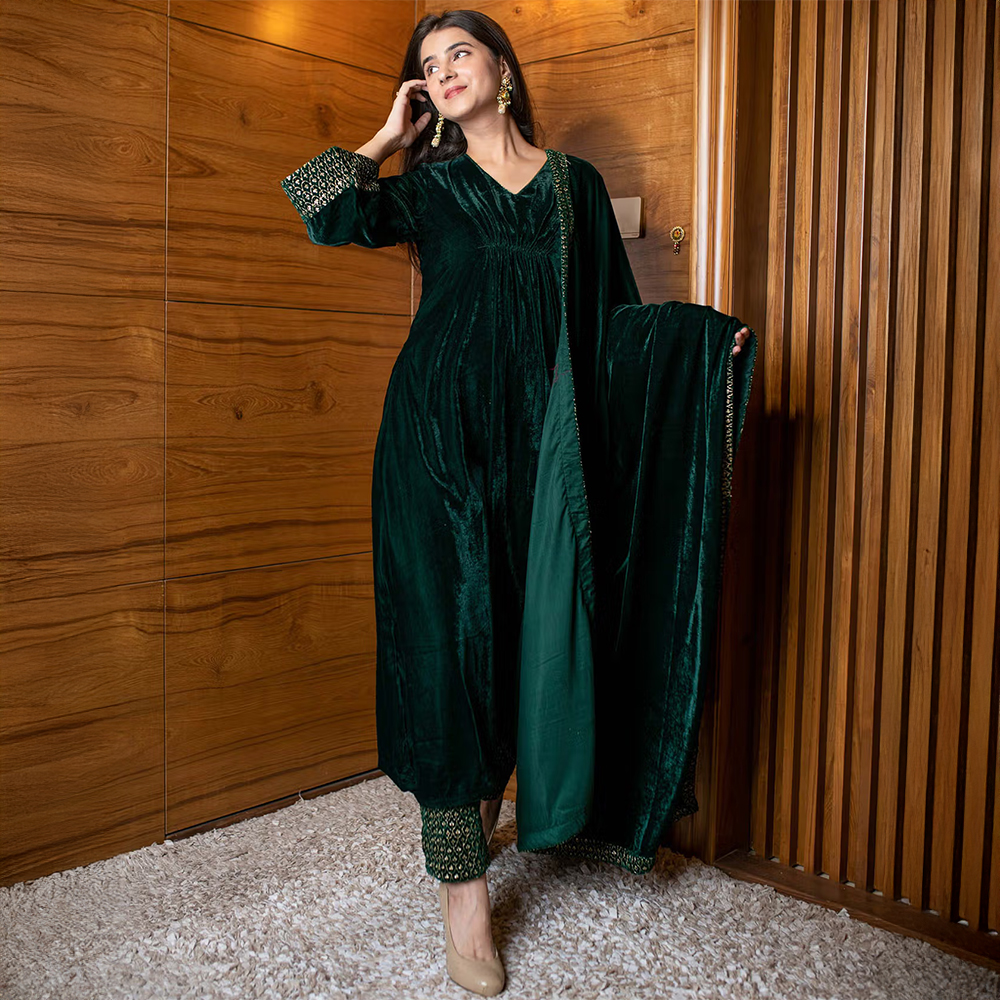 Bottle Green Velvet A Line Kurta (Set of 3)