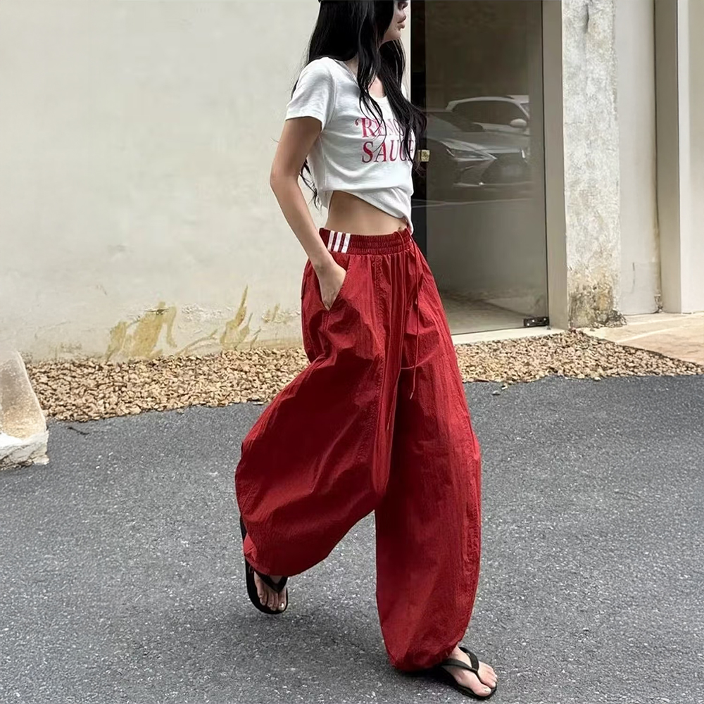 Outzidr Red High Waist Belted Barrel Pant