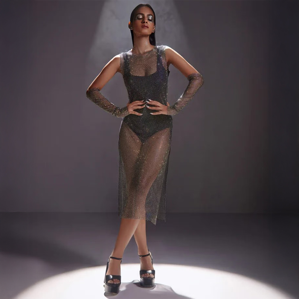 The Clothing Factory Diamond Mesh Midi Dress-Black