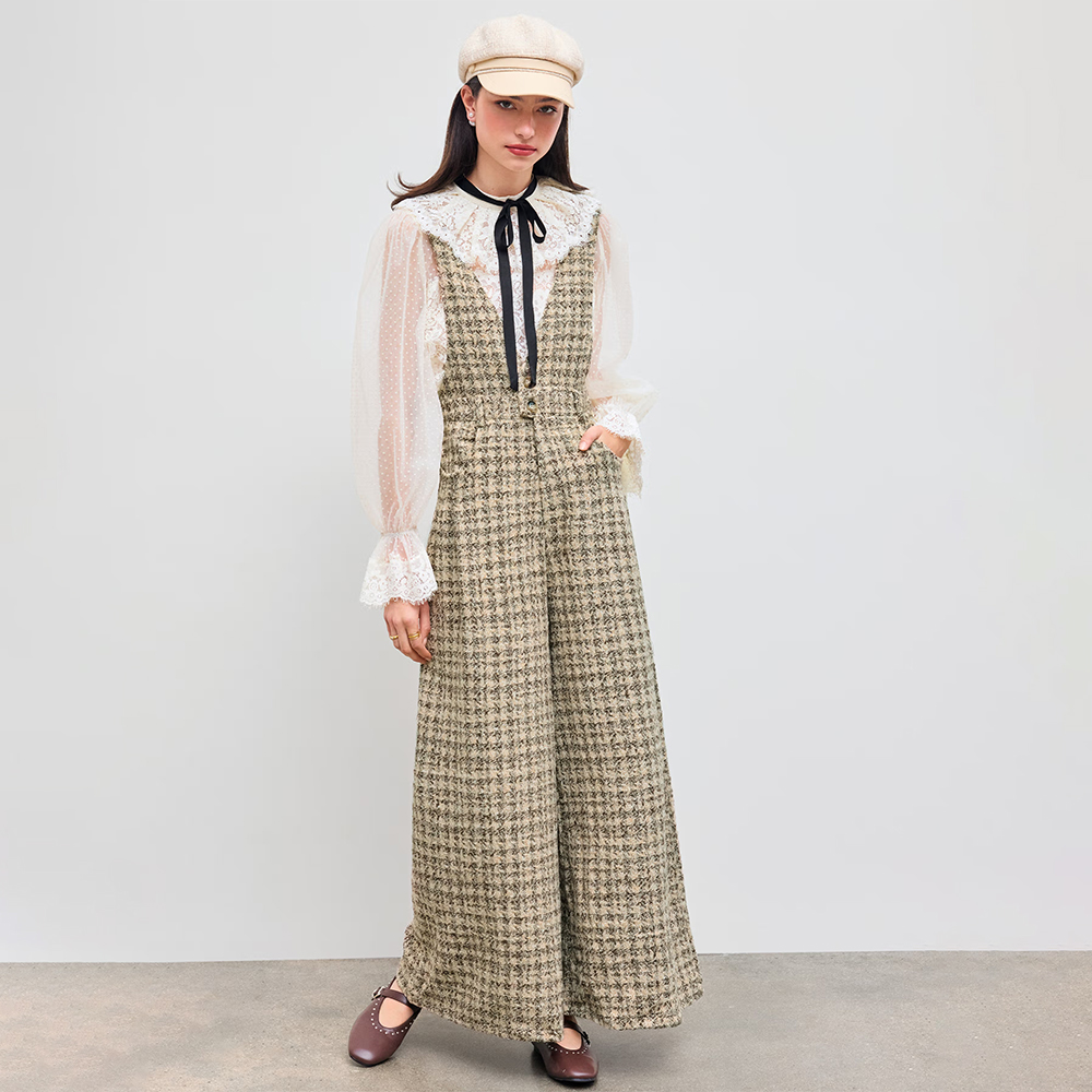 Cider Tweed V-neck Check Button Pleated Wide Leg Jumpsuit