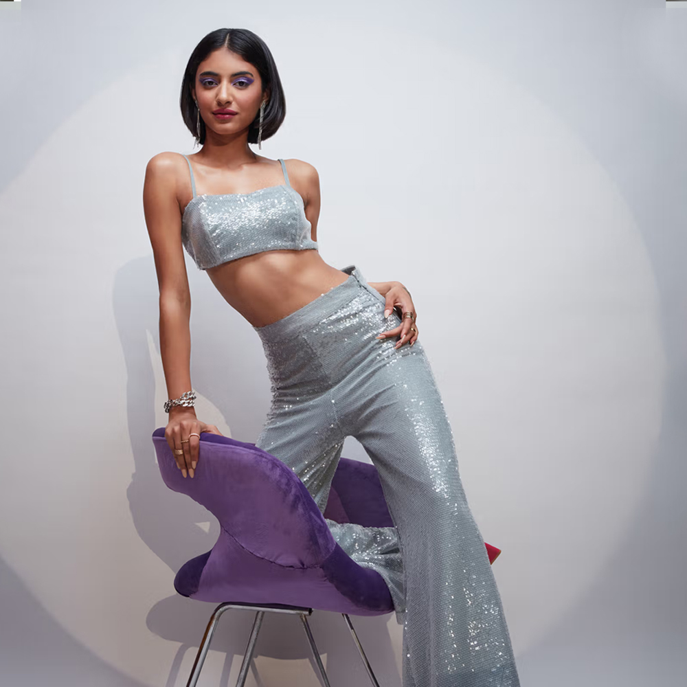 MIXT by Nykaa Fashion Grey Sequined Square Neck Bralette Tube Top