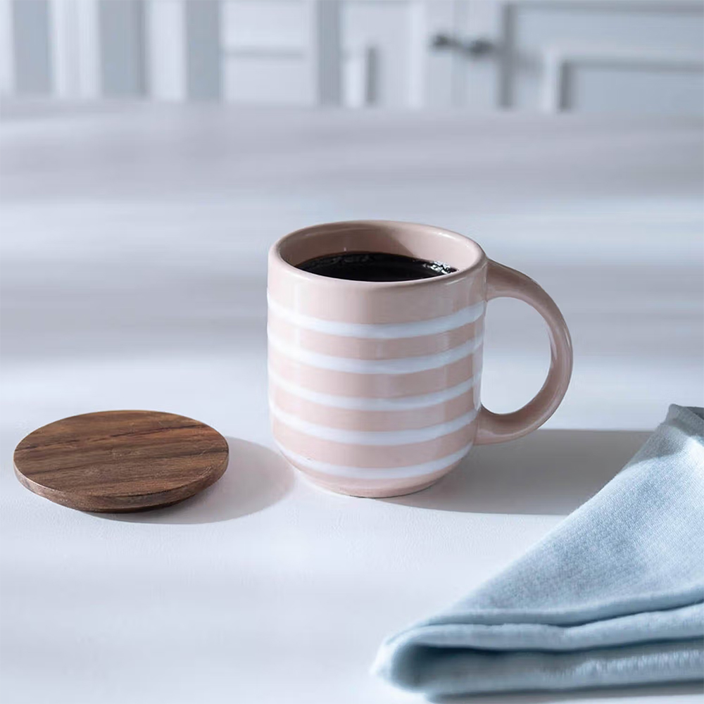 Ellementry Ceramic Mug Stripes W/Wdn Lid Blush
