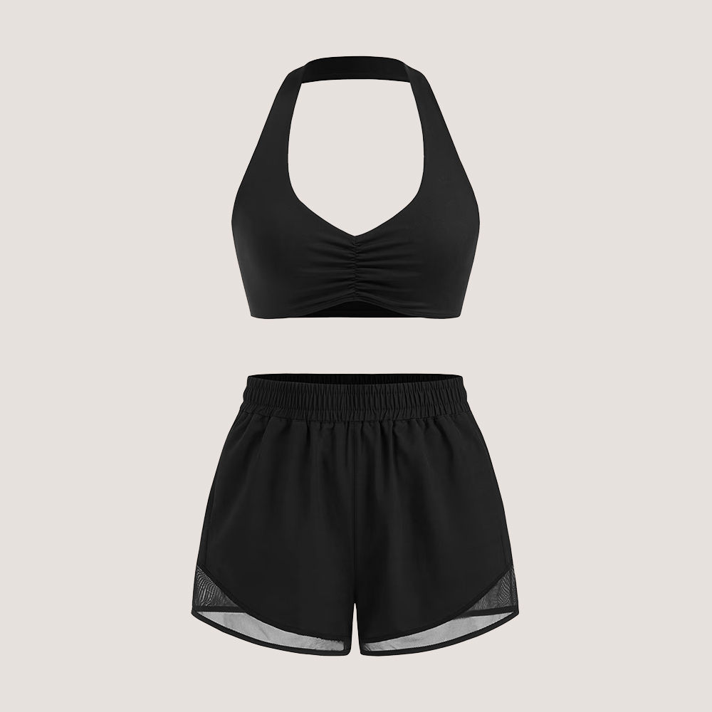 Cider Double Layered Halter Neck Bra & Elastic Waist Shorts Active Set