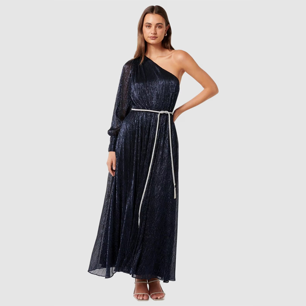 Forever New Blue Solid Full Sleeves Maxi Dress and Belt (Set of 2)