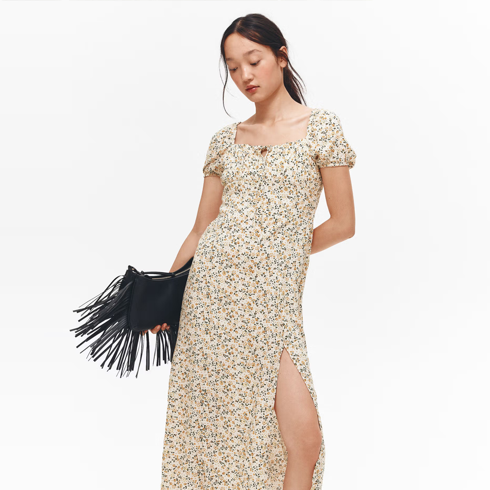 H&M Women Beige Puff-Sleeved Dress