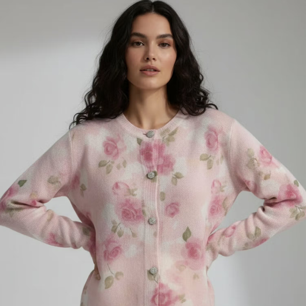 Outzidr Women Pink Floral Printed Button Down Cardigan