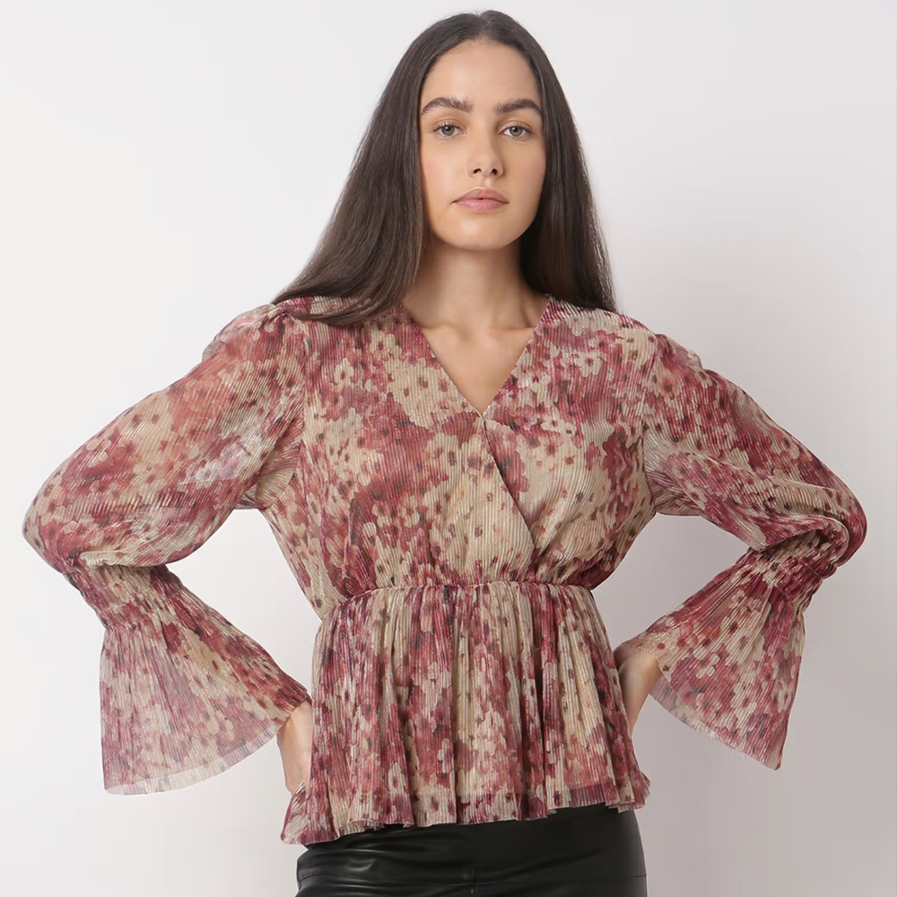 VERO MODA Beige V-Neck Printed Top