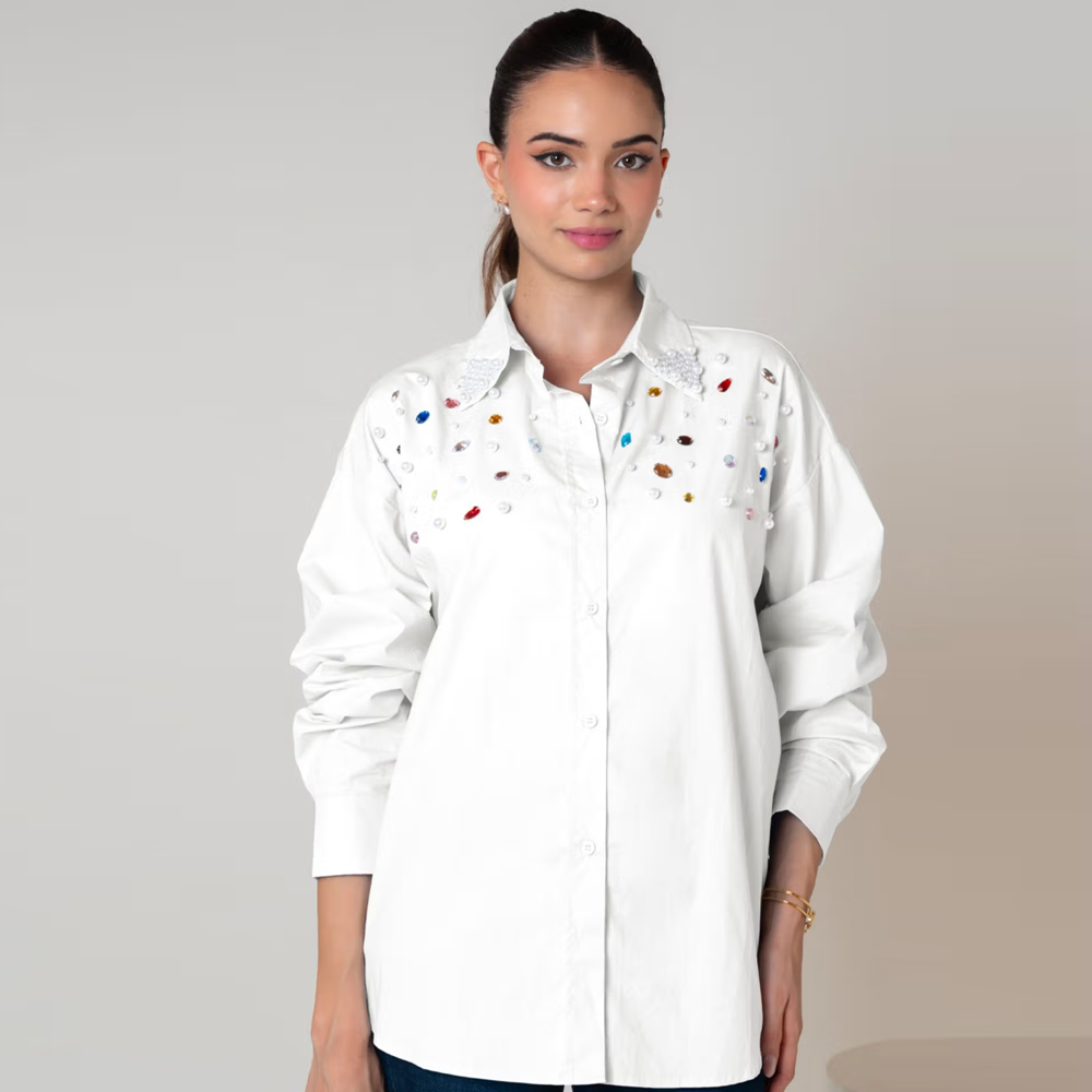 All Eyes On You AEOY White Oversized Embellished Shirt (1N)