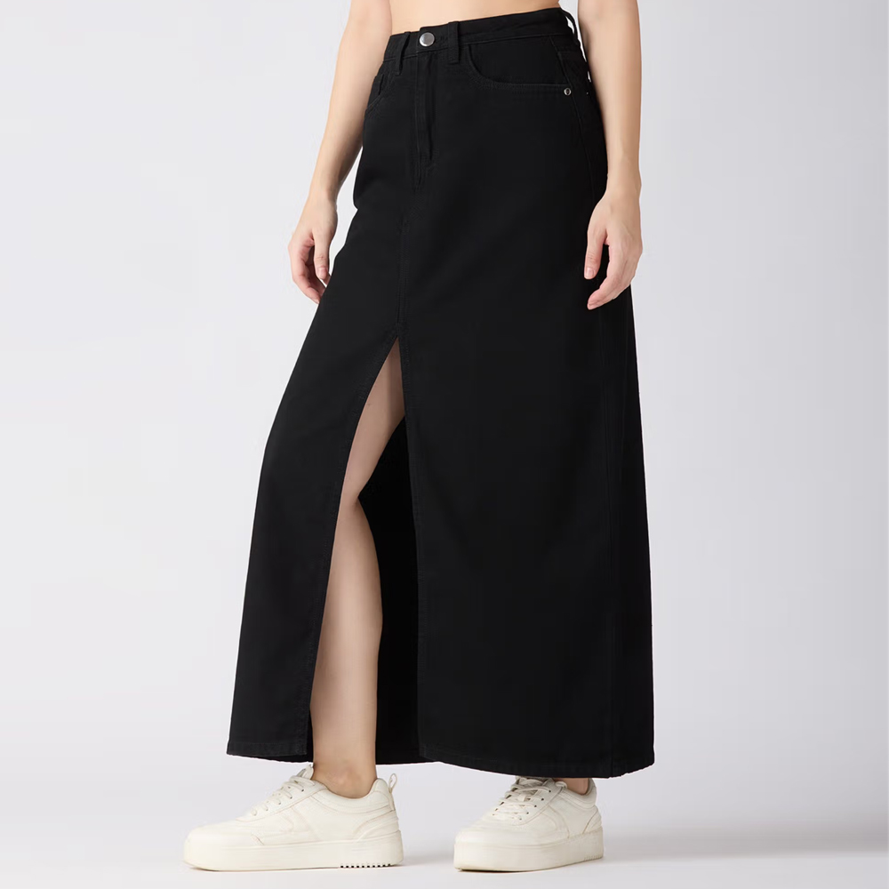Globus Women Black Solid Mid-Rise Front Slit Straight Maxi Denim Skirt