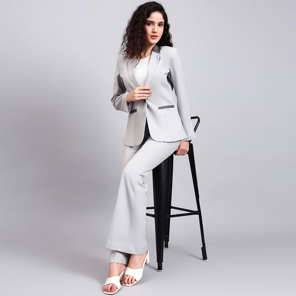 Powersutra Light Grey Tailored Suit Featuring Sleek Contrast Detailing Co-Ord Set