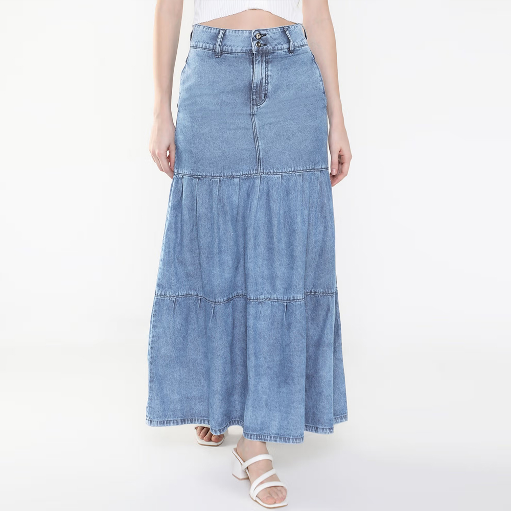 SHOWOFF Women Blue Tiered Maxi Denim Skirt
