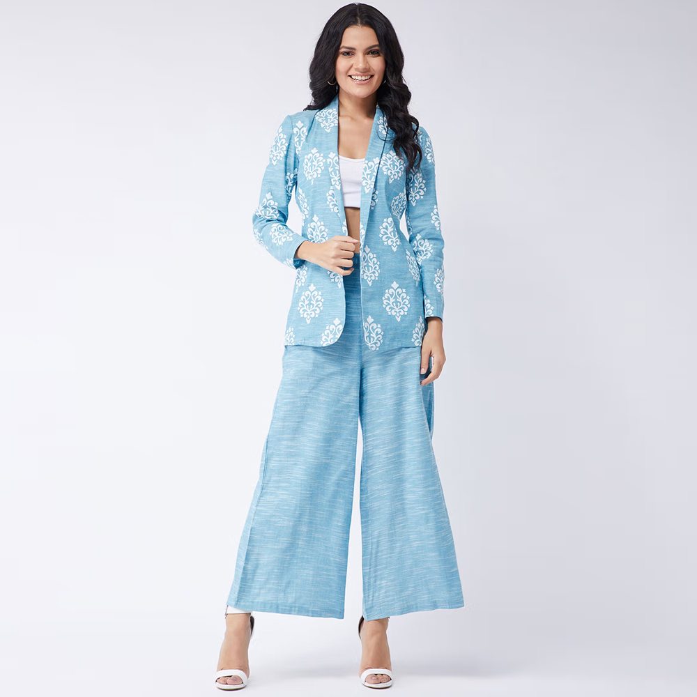 Pannkh Women's Chambray Printed Blazer With Pant Set