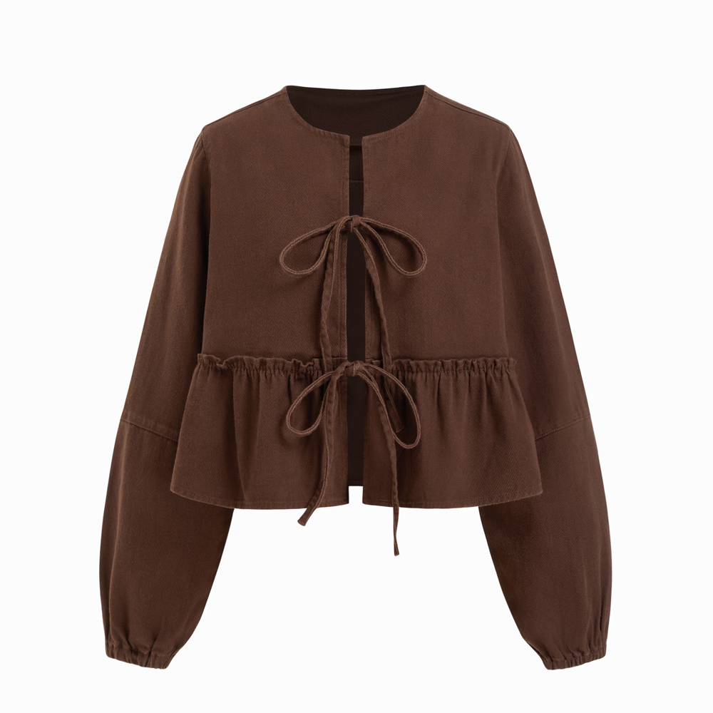 Cider Denim Round Neckline Tie Front Ruffle Hem Jacket