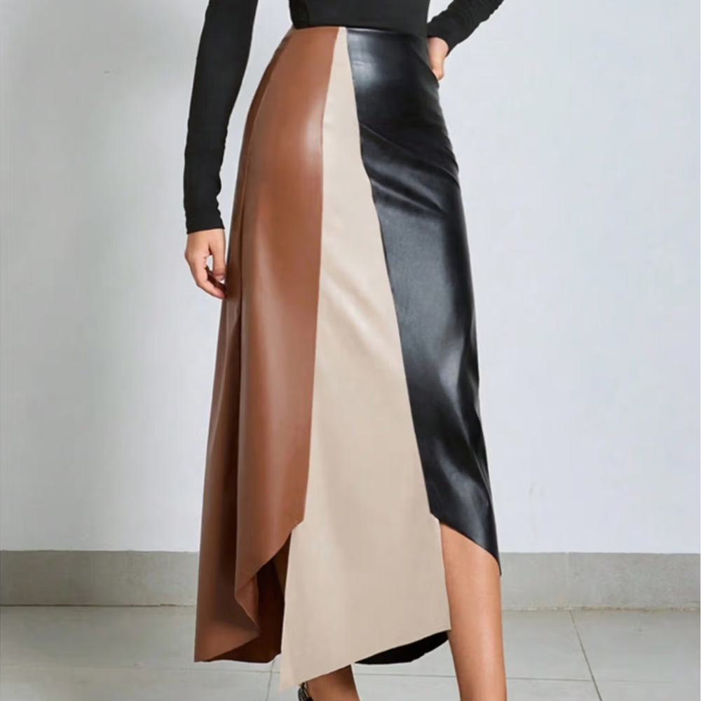 Outzidr Multi-Color High Waist Pu Panelled Maxi Skirt