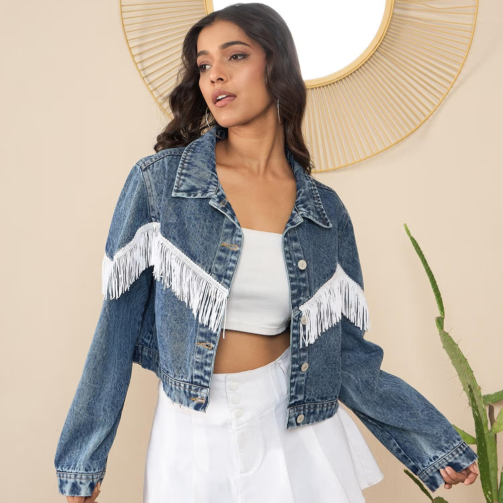 StyleStone Women Denim Front Fringes Blue Crop Jacket